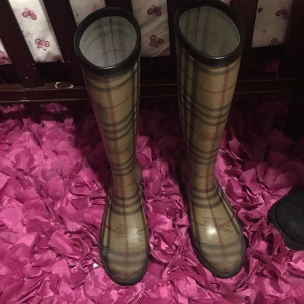 Burberry Tan Plaid Knee-High Rain Boots with Black Trim